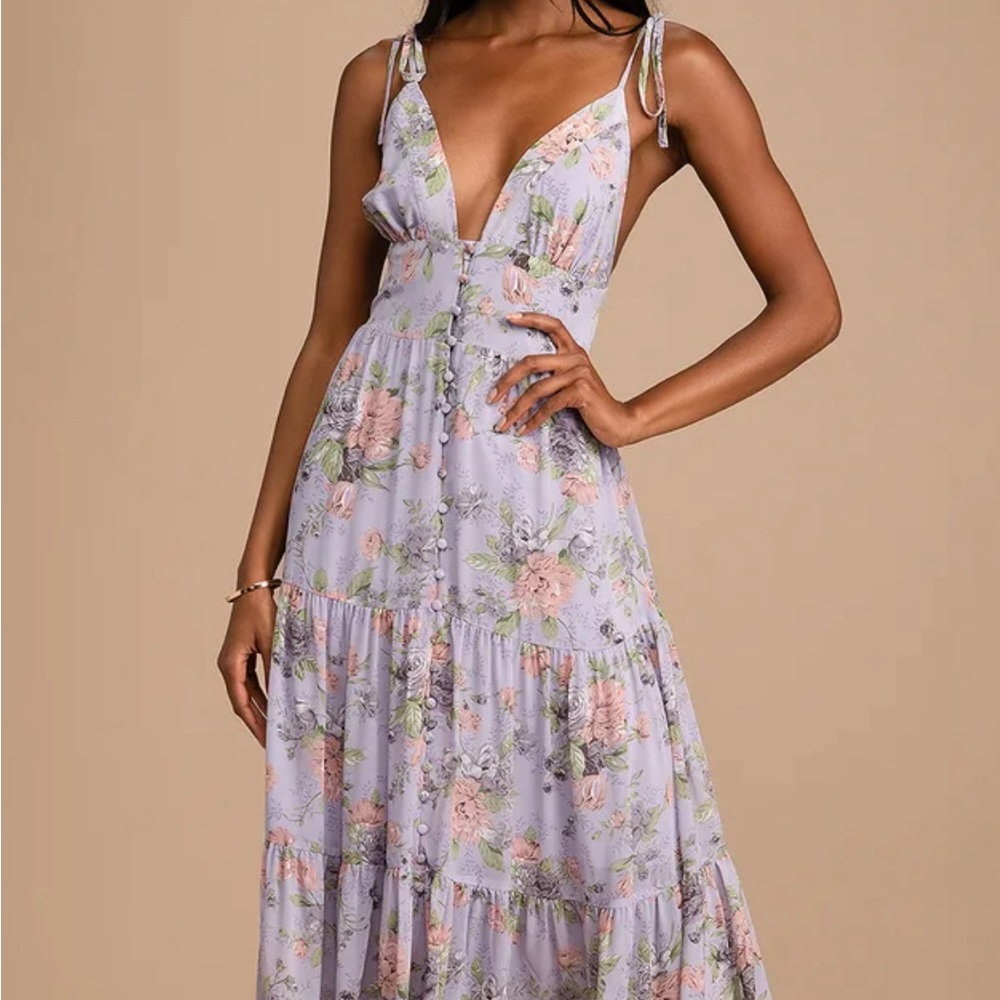 Lulu's Floral Midi Dress in Lavender and Pink
